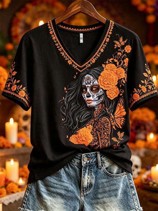 Día de la mujer de los muertos Sugar Skull Lady Mariolds Floral Print camiseta de manga corta