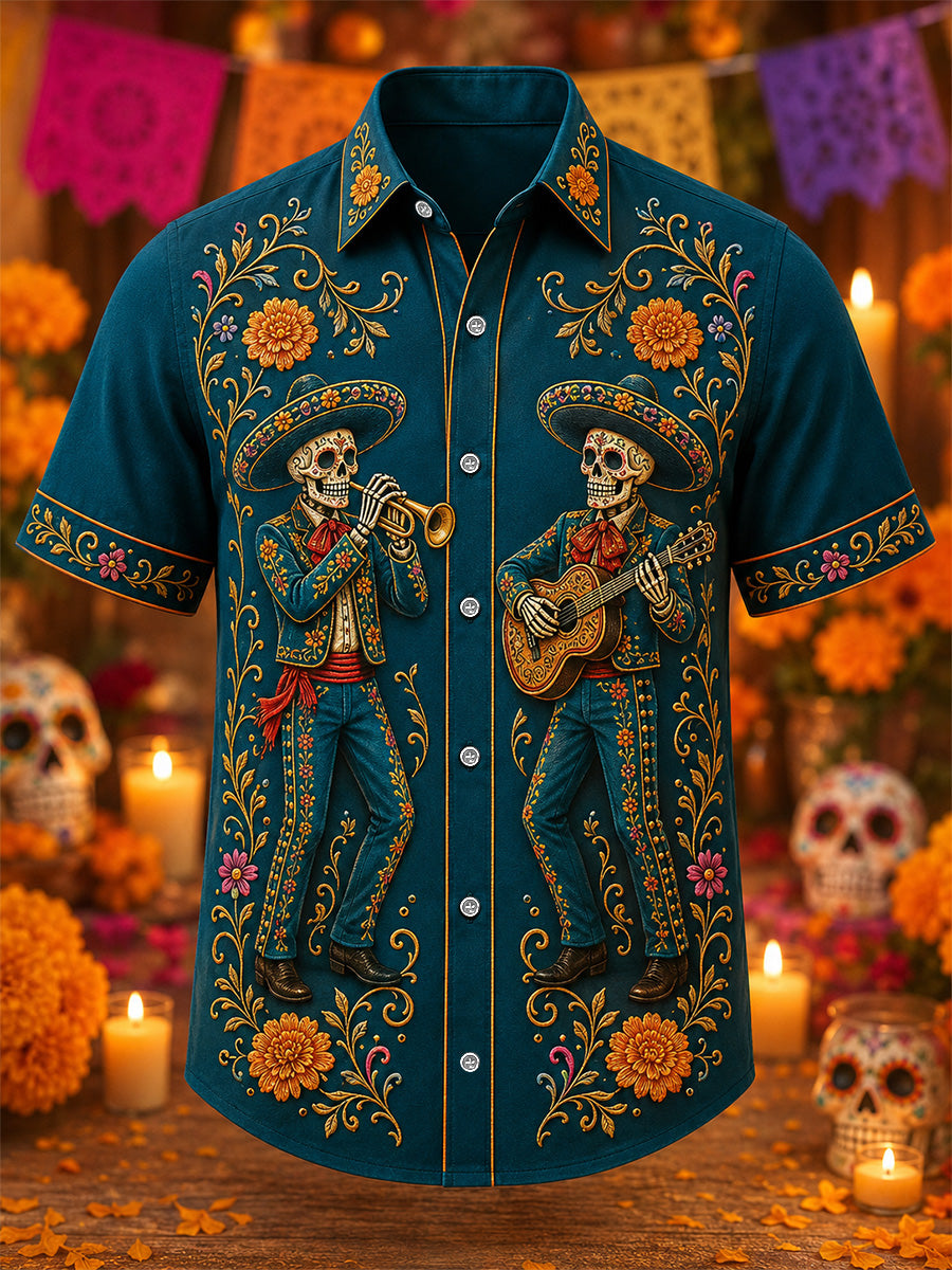 Camisa casual con estampado artístico del Día de los Muertos mexicano para hombre