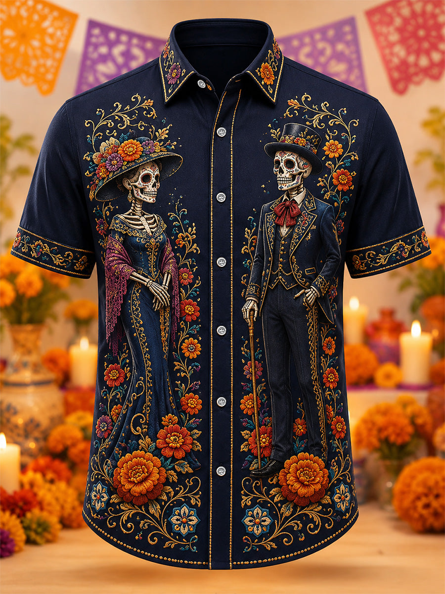 Camisa casual con estampado artístico del Día de los Muertos mexicano para hombre