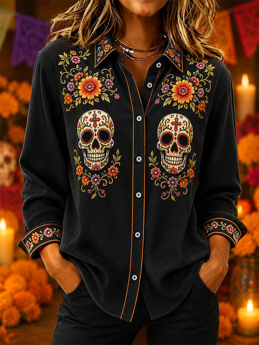 Camisa casual de manga larga con estampado de arte de México para mujer