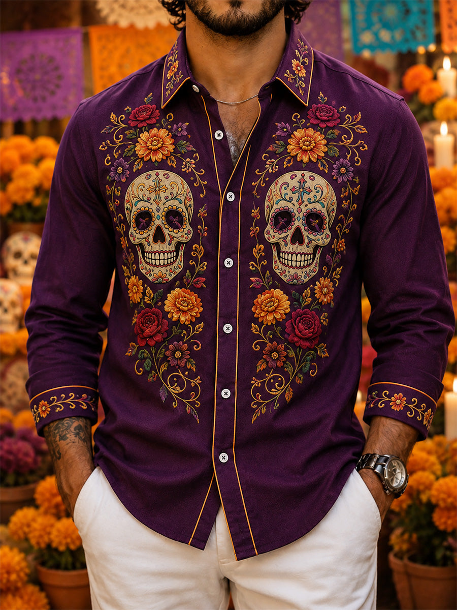 Camisa casual con estampado artístico del Día de los Muertos mexicano para hombre