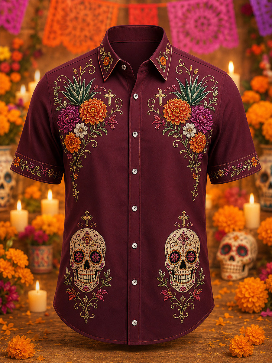 Camisa casual con estampado artístico del Día de los Muertos mexicano para hombre