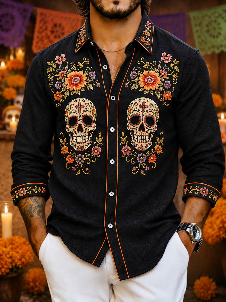 Camisa casual con estampado artístico del Día de los Muertos mexicano para hombre