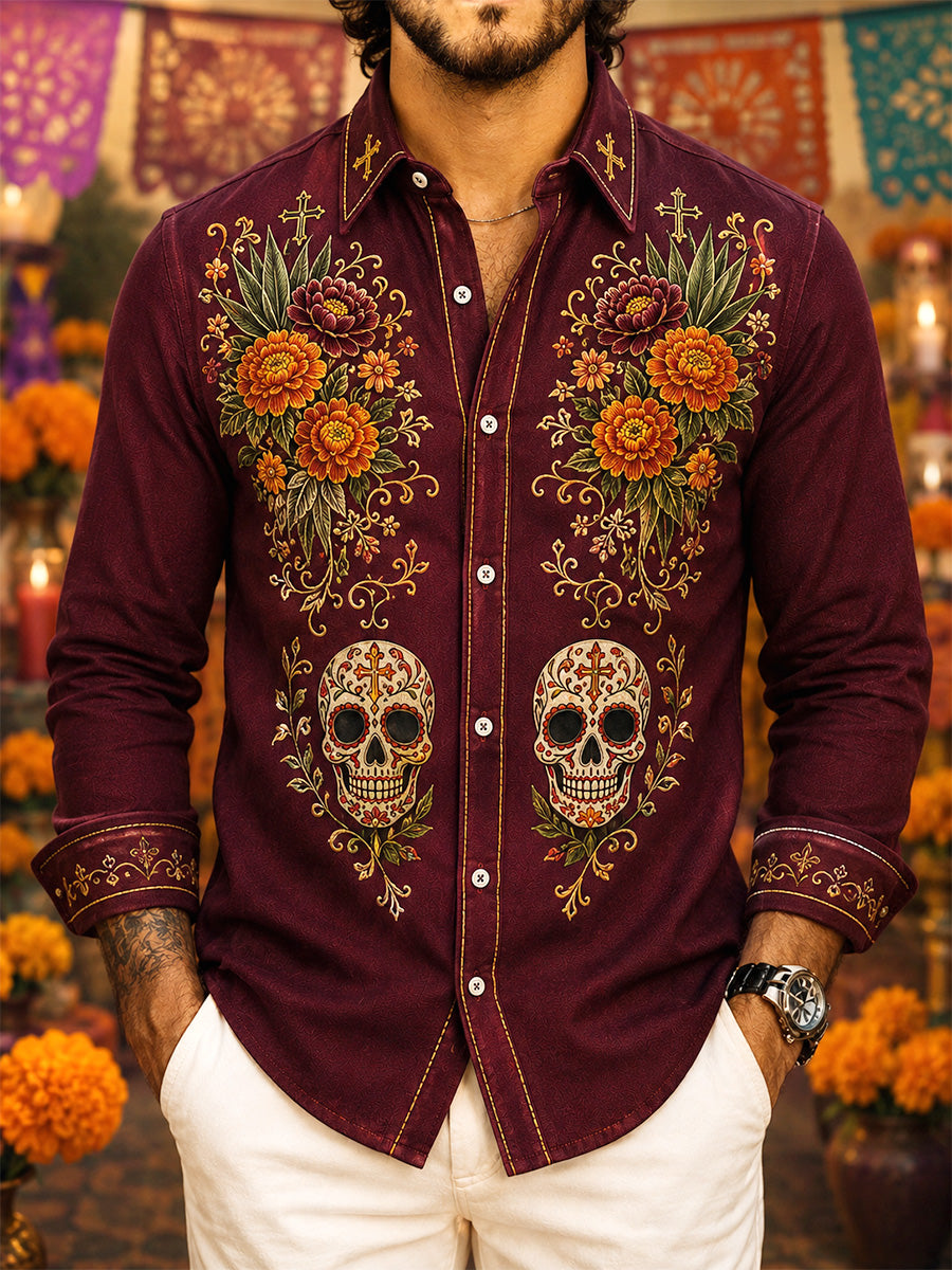 Camisa casual con estampado artístico del Día de los Muertos mexicano para hombre