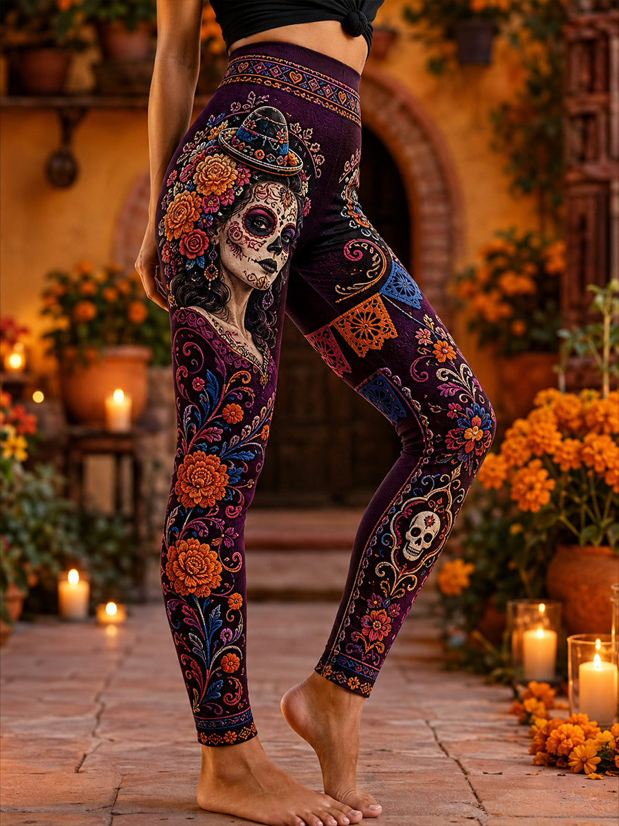 Día de México de las mujeres de los muertos de talle alto Slim Fit Casual Leggings