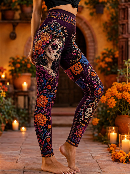 Día de México de las mujeres de los muertos de talle alto Slim Fit Casual Leggings