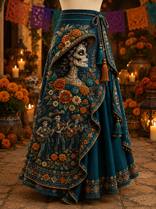 Falda irregular estampada con motivo mexicano del Día de los Muertos para mujer