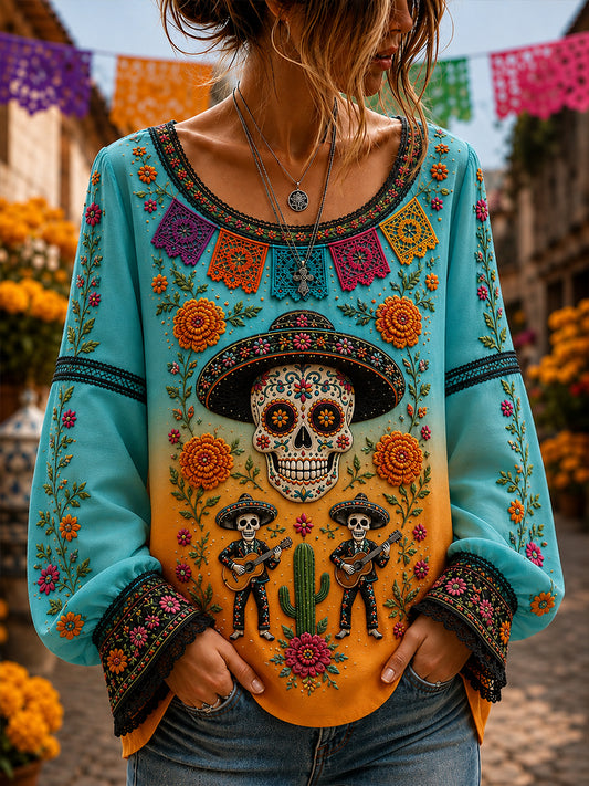Camisa de algodón y lino para mujer del Día de los Muertos de México