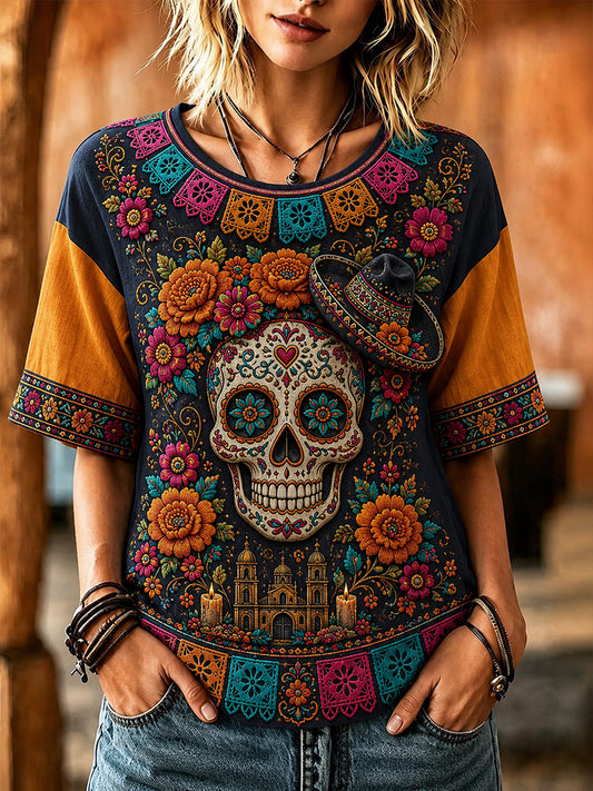 Camiseta de manga corta para mujer del Día de los Muertos de México