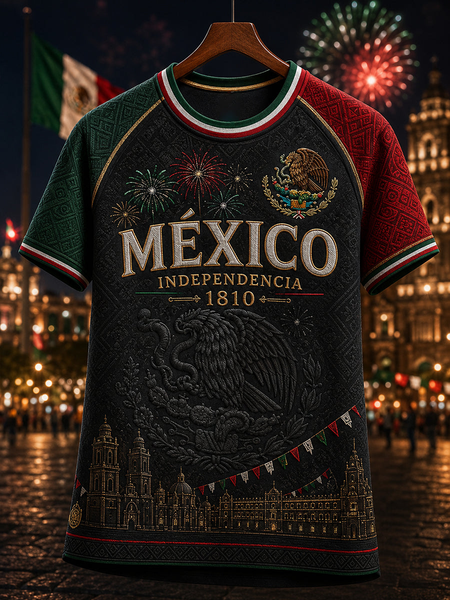 Camiseta de manga corta con cuello redondo Día de la Independencia mexicana para mujer