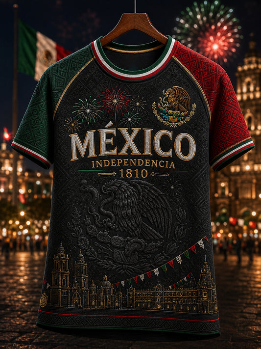 Camiseta de manga corta con cuello redondo Día de la Independencia mexicana para mujer