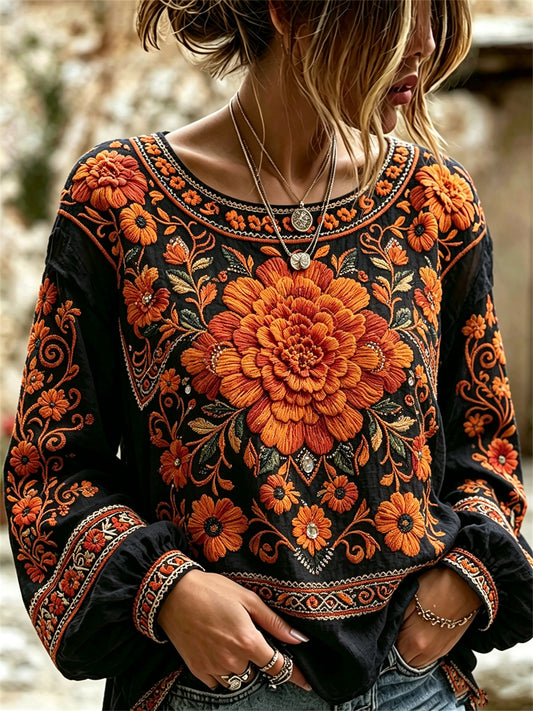 Camisa con estampado floral mexicano de caléndulas para el Día de Muertos femenino