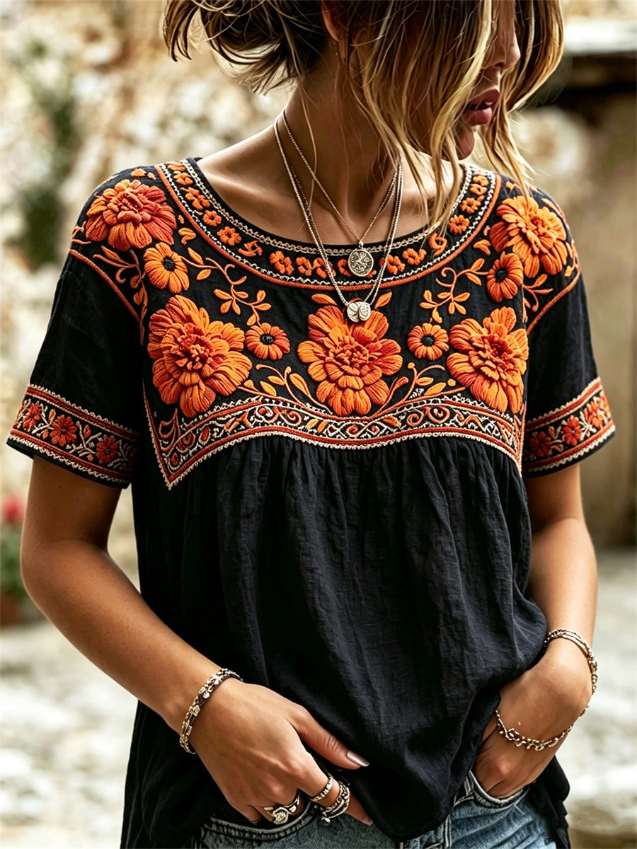 Camiseta con estampado floral mexicano de caléndulas del día de los muertos para mujer