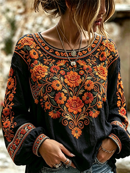 Camisa con estampado floral mexicano de caléndulas para el Día de Muertos femenino