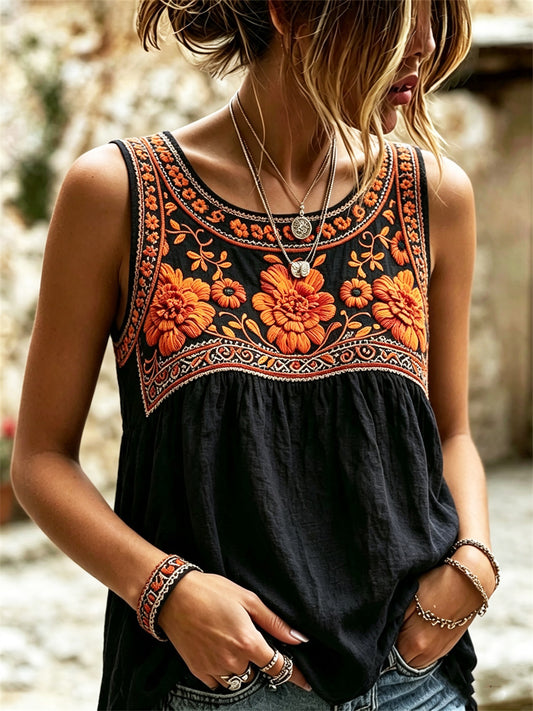 Camiseta sin mangas con estampado floral mexicano de caléndulas del día de los muertos para mujer