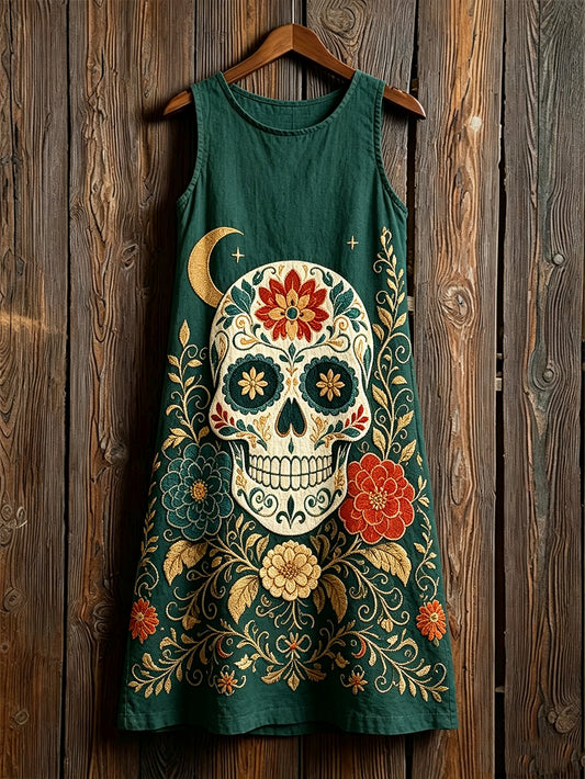 Vestidos casuales sin mangas con estampado de plantas y flores del Día de Muertos para mujer