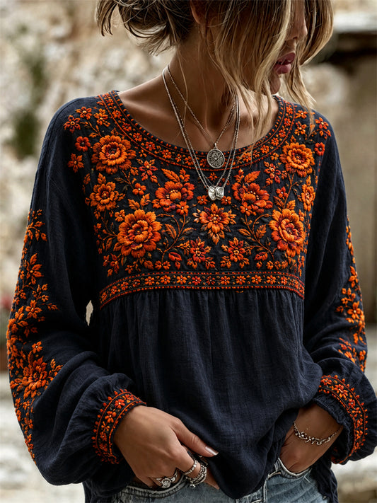 Camisa mexicana con estampado floral de caléndulas del día de los muertos para mujer
