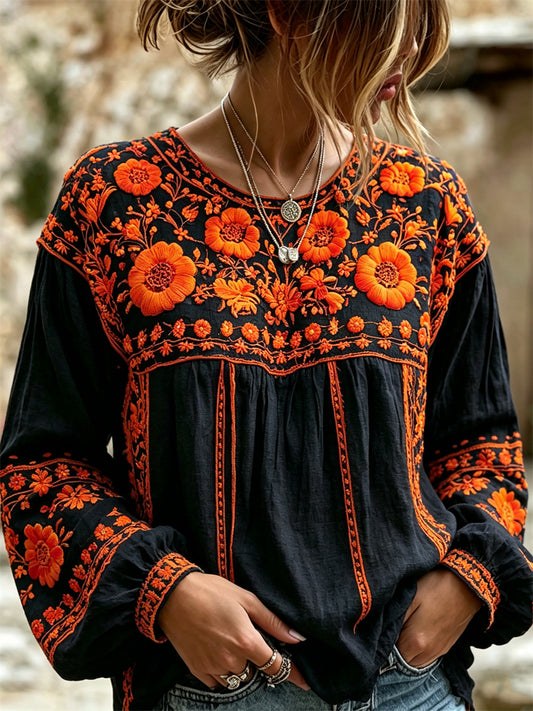 Camisa con estampado floral mexicano de caléndulas para el Día de Muertos femenino