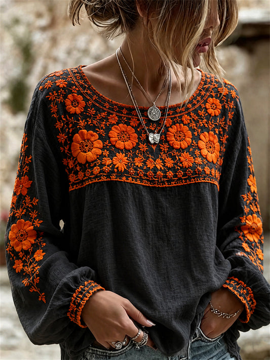 Camisa con estampado floral mexicano de caléndulas para el Día de Muertos femenino