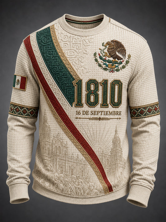 Camiseta de manga larga de waffle para el Día de la Independencia de México, estilo masculino