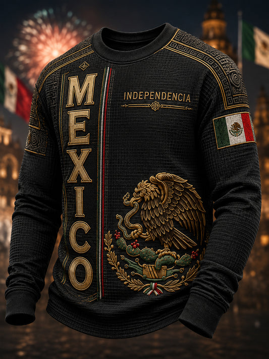 Camiseta de manga larga de waffle para el Día de la Independencia de México, estilo masculino