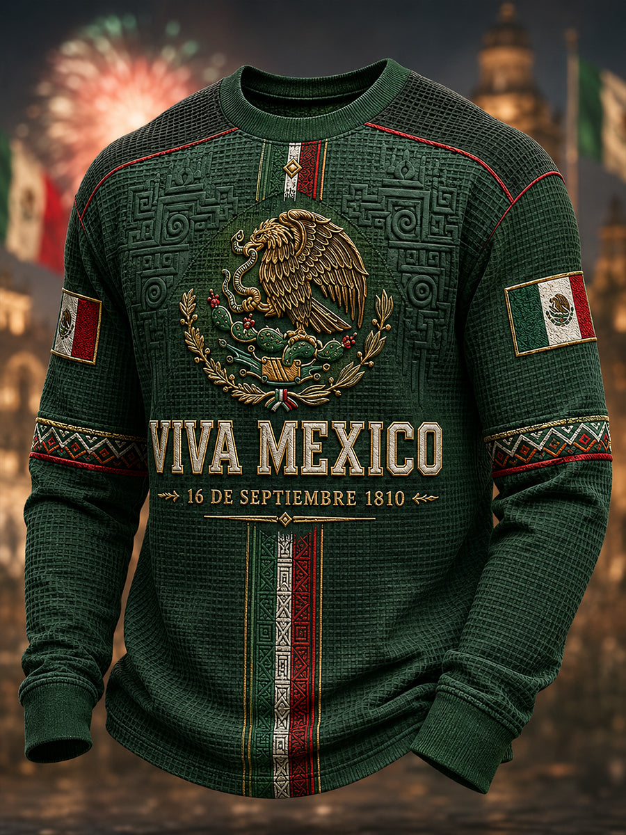 Camiseta de manga larga de waffle para el Día de la Independencia de México, estilo masculino