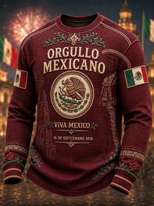 Camiseta de manga larga de waffle para el Día de la Independencia de México, estilo masculino