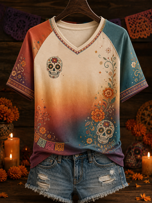 El día de México de las mujeres muertas arte floral impreso v-cuello de la camiseta de manga corta del hombro