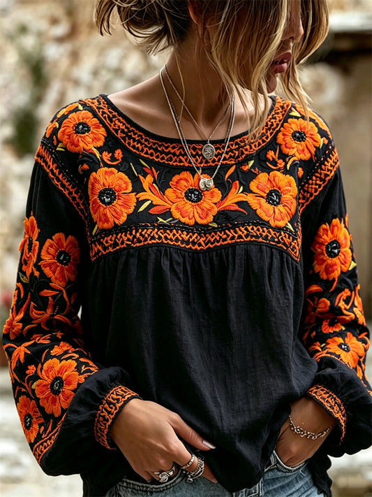 Camisa con estampado floral mexicano de caléndulas para el Día de Muertos femenino