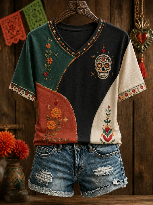 Camiseta de manga corta para mujer con estampado floral mexicano del Día de los Muertos