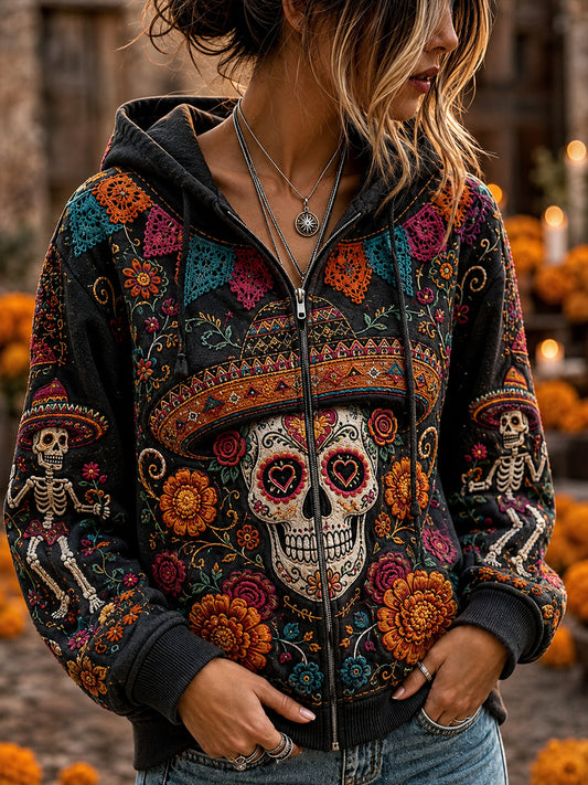 Sudadera con capucha y cierre de la Día de los Muertos de México para mujer