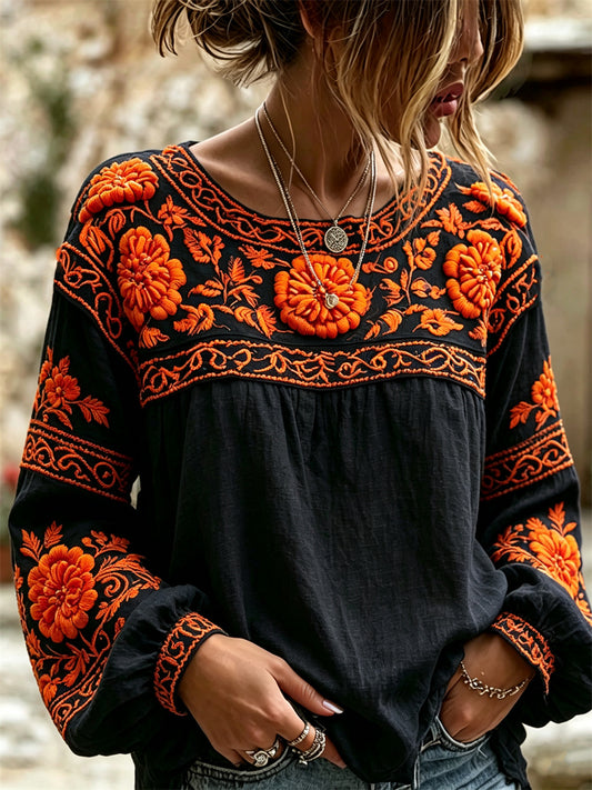 Camisa con estampado floral mexicano de caléndulas para el Día de Muertos femenino