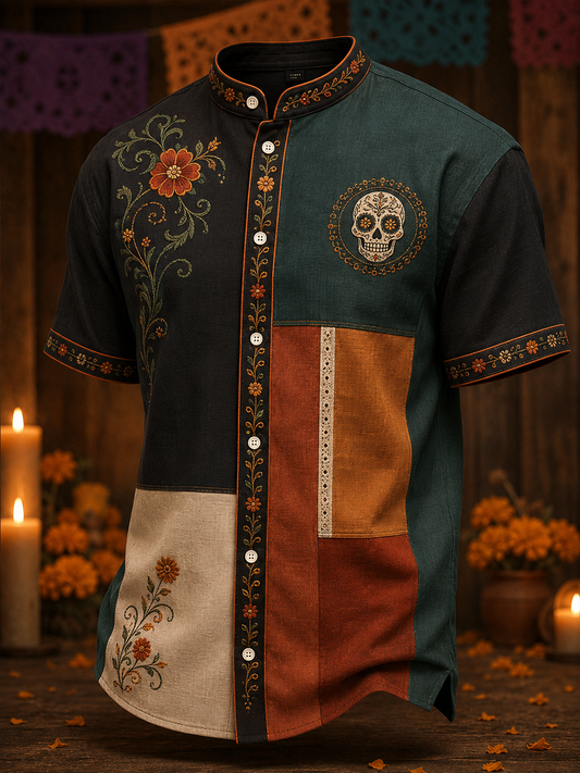 El día de México de los hombres del arte floral muerto imprimió la camisa de manga corta del cuello de la Algodón-lino