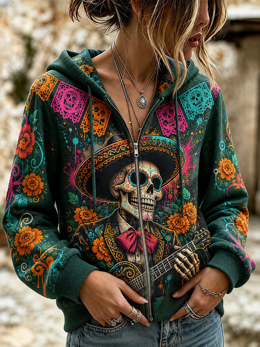 Sudadera con capucha y cremallera para mujer del Día de los Muertos de México