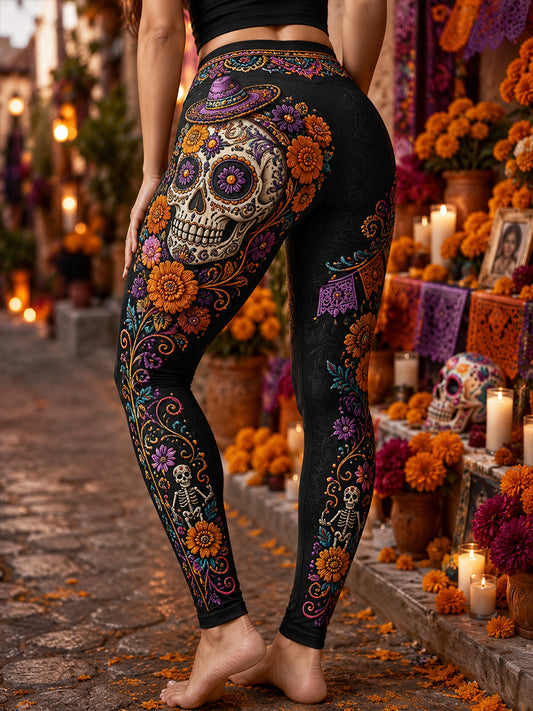 Día de México de los muertos de las mujeres de talle alto Slim Fit Casual Leggings