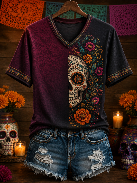 Día de México de las mujeres del arte floral muerto impreso camiseta de manga corta