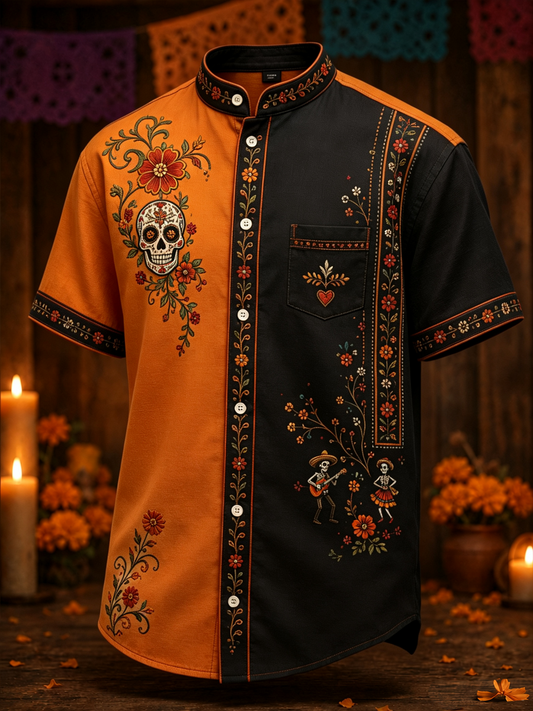 Camisa de hombre de algodón-lino con cuello y mangas cortas, estampada con motivos florales del Día de los Muertos de México