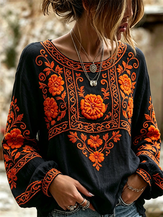 Camisa con estampado floral mexicano de caléndulas para el Día de Muertos femenino
