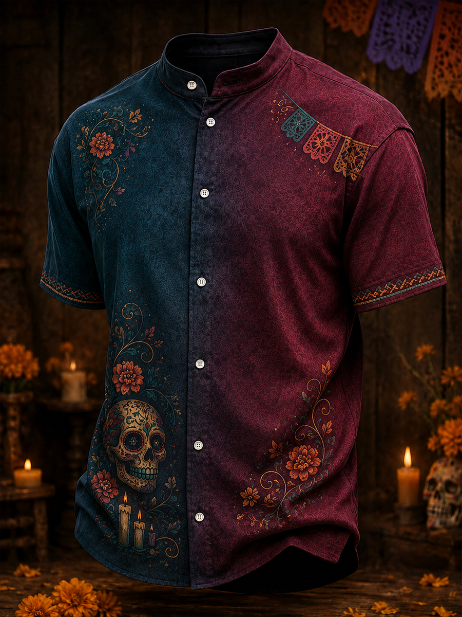 Camisa de hombre de algodón-lino con cuello y mangas cortas, estampada con motivos florales del Día de los Muertos de México