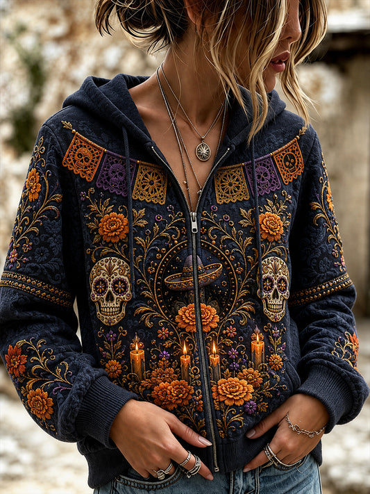 Sudadera con capucha y cremallera para mujer del Día de los Muertos de México