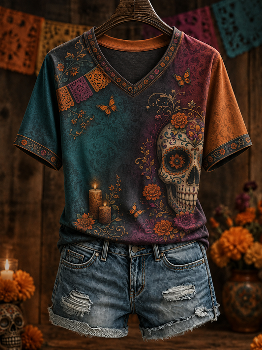 Camiseta de manga corta para mujer con estampado floral mexicano del Día de los Muertos