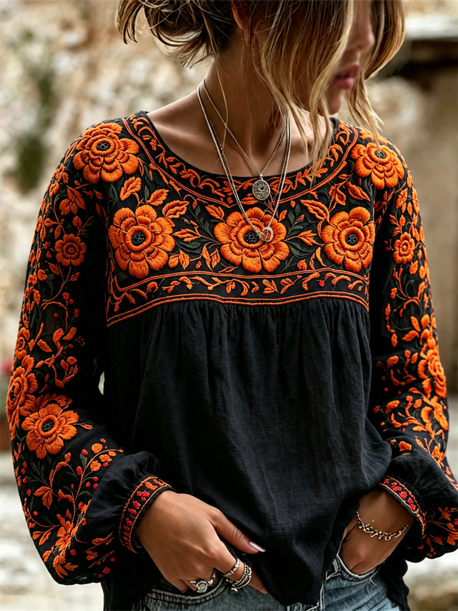 Camisa con estampado floral mexicano de caléndulas para el Día de Muertos femenino