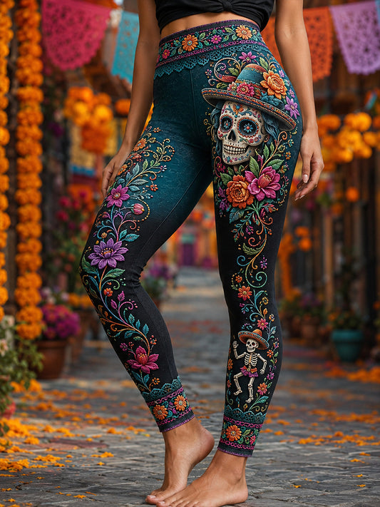 Mallas casuales de cintura alta y corte ajustado con diseño del Día de Muertos de México para mujer