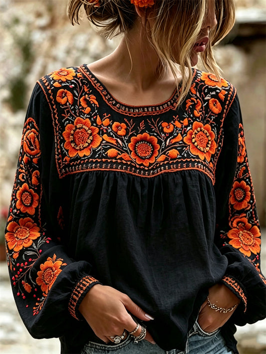 Camisa con estampado floral mexicano de caléndulas para el Día de Muertos femenino