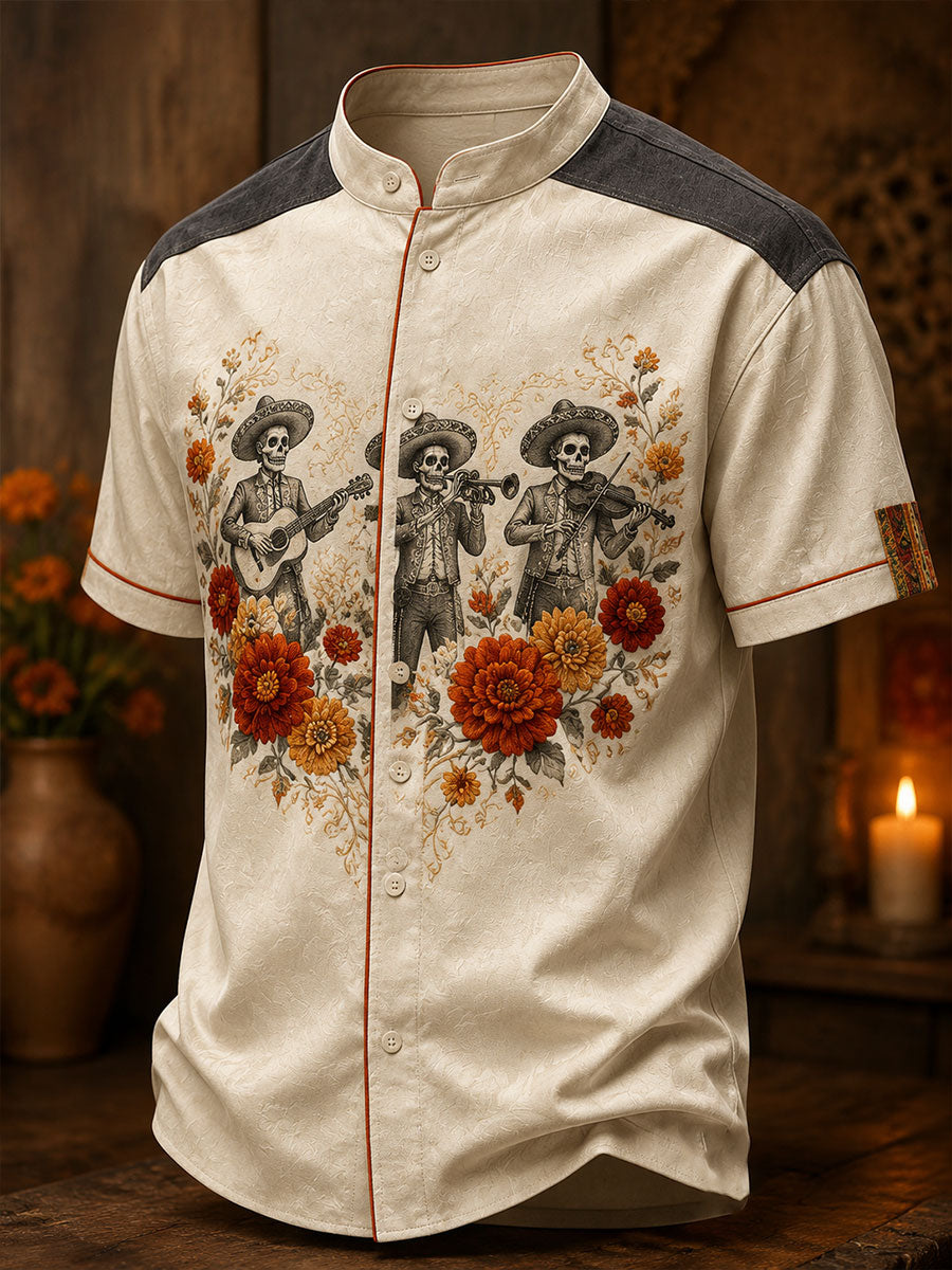 Camisa de lino para hombre con estampado floral mexicano del Día de los Muertos
