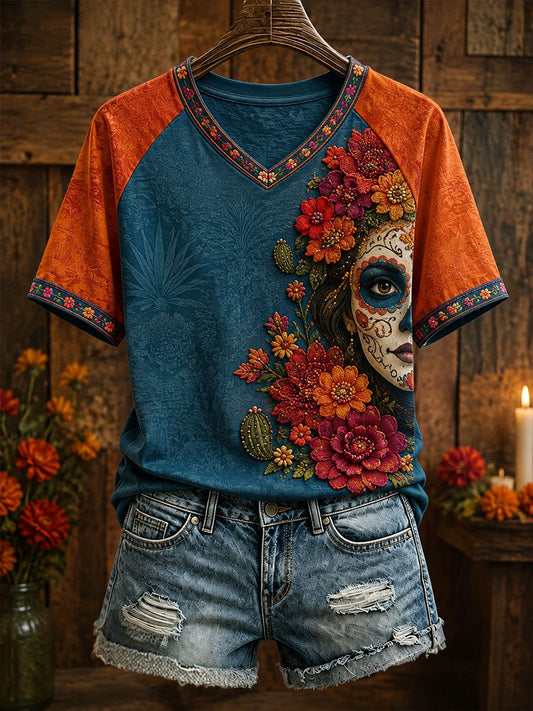 Camiseta estampada con arte floral del Día de los Muertos mexicano para mujer