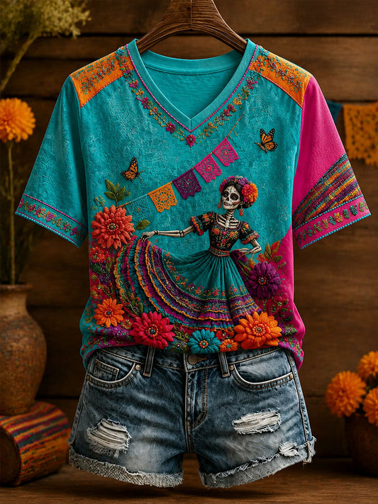 Camiseta estampada con arte floral del Día de los Muertos mexicano para mujer