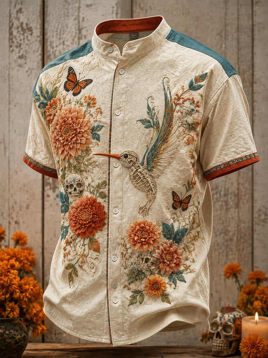 Camisa de lino para hombre con estampado floral mexicano del Día de los Muertos