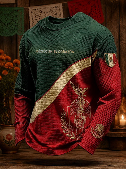 Sudadera de waffle con estampado artístico del Día de la Independencia de México para hombre