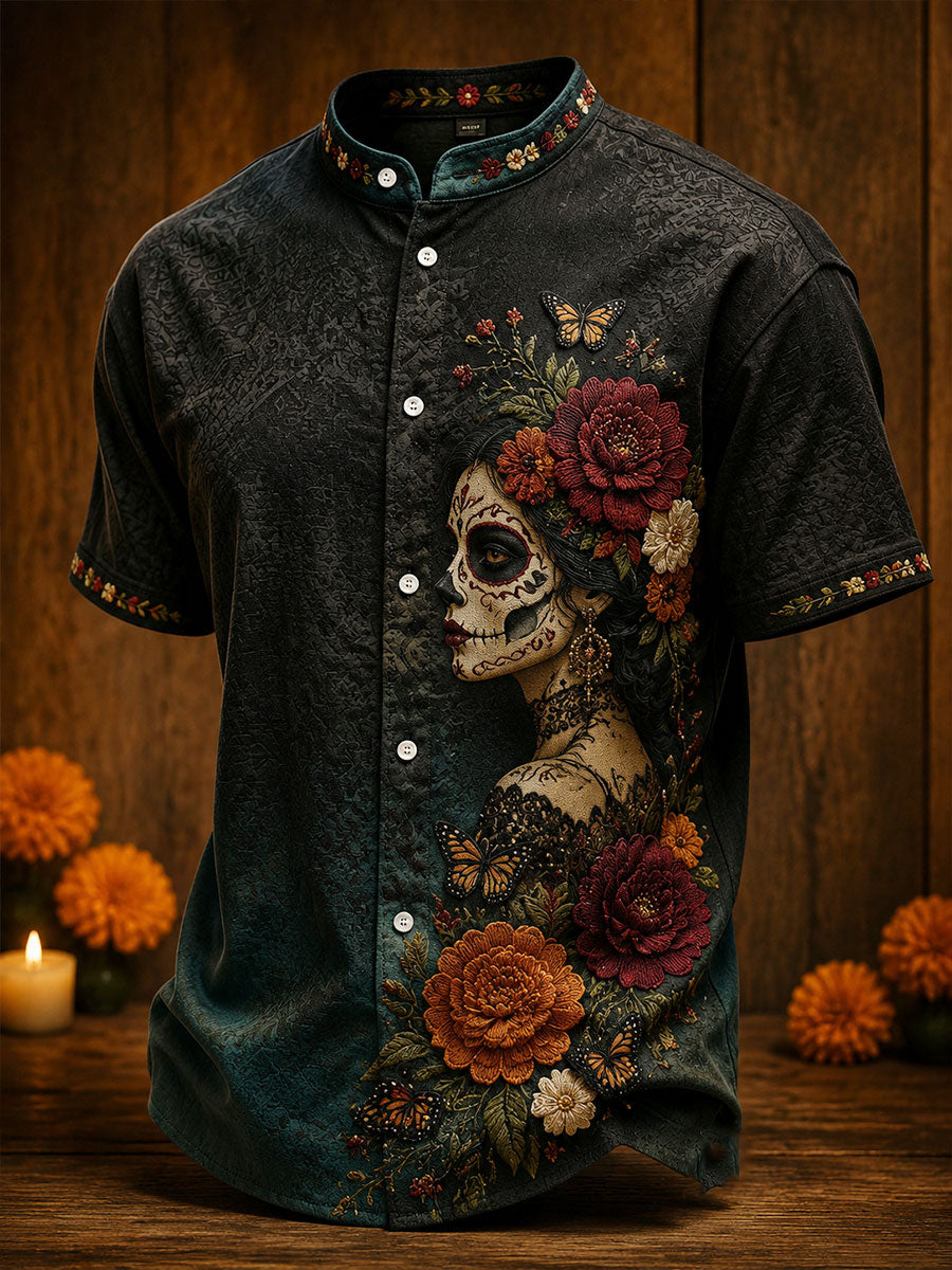Camisa de lino para hombre con estampado floral mexicano del Día de los Muertos